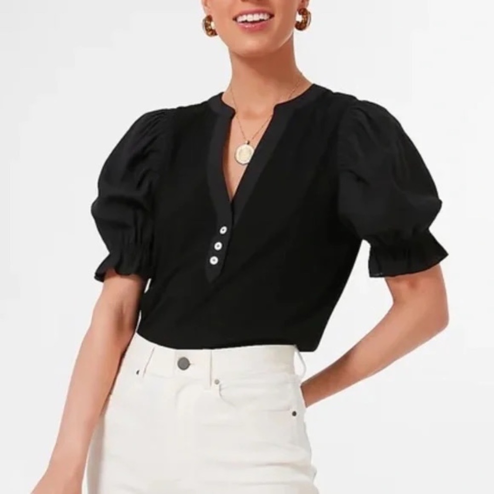 Pomander Place Black Livia Puff Sleeve Henley Ribbed Top - Size XL